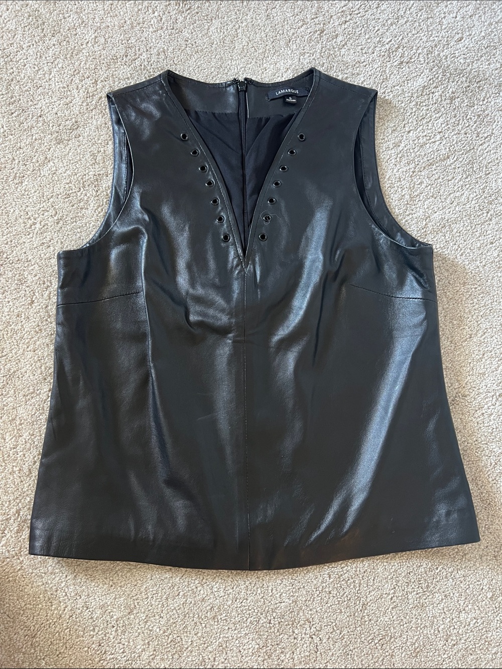 Lamarque Black Sleeveless genuine Leather V-Neck Tank top blouse shirt
